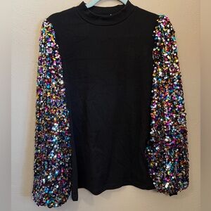 NWT Anna Kaci Black Sequin Balloon Long Sleeve Mock Neck Pullover Size Medium